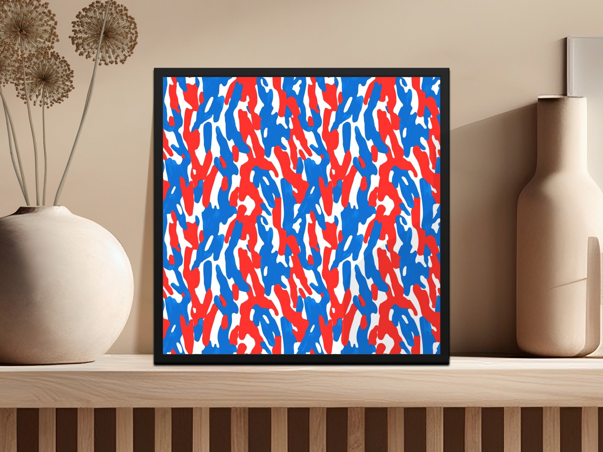 Red Blue and White Abstract Camouflage Pattern Art Print