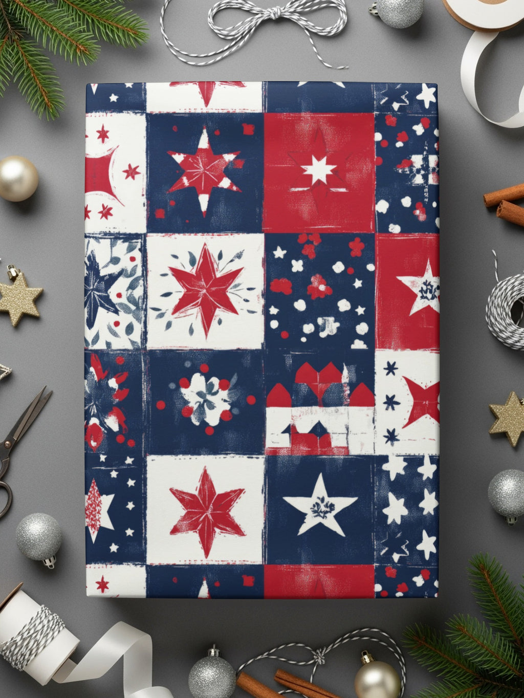 Festive Red White and Blue Star Pattern Wrapping Paper
