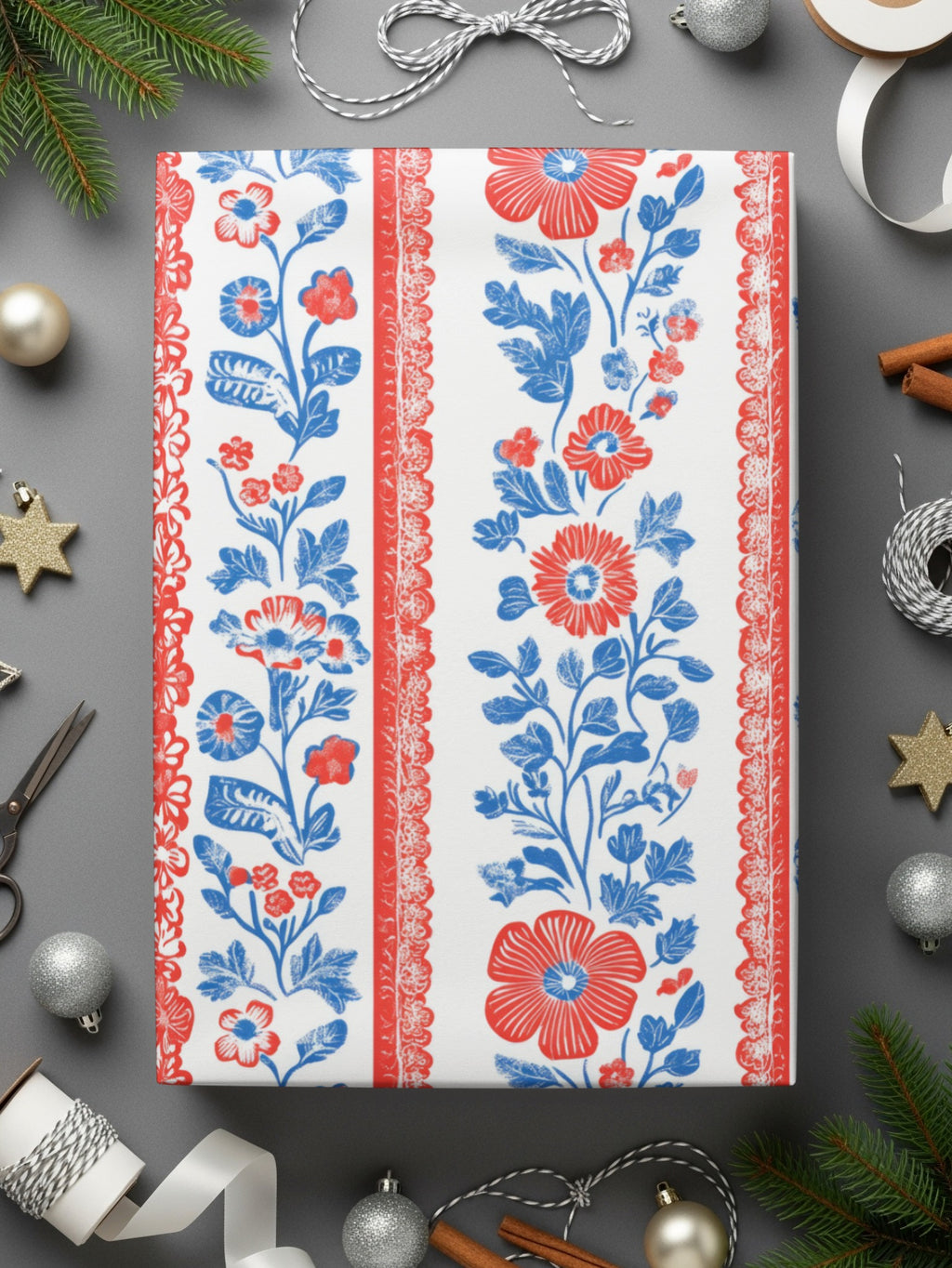 Festive Red and Blue Floral Design Wrapping Paper