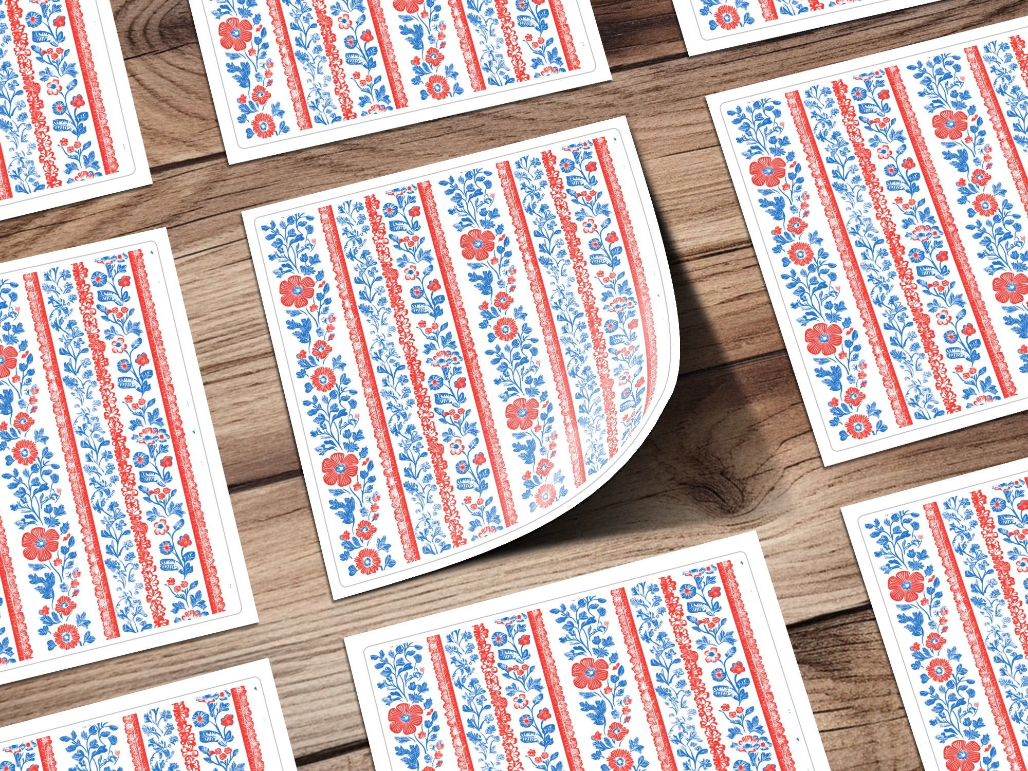 Red and Blue Floral Stripe Pattern Decor Stickers