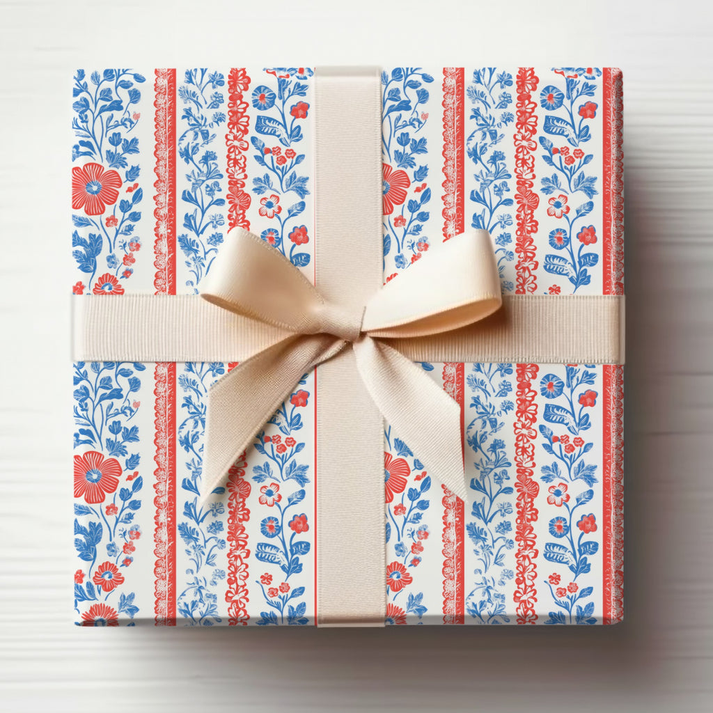 Elegant Floral Red and Blue Gift Wrap Box with Bow