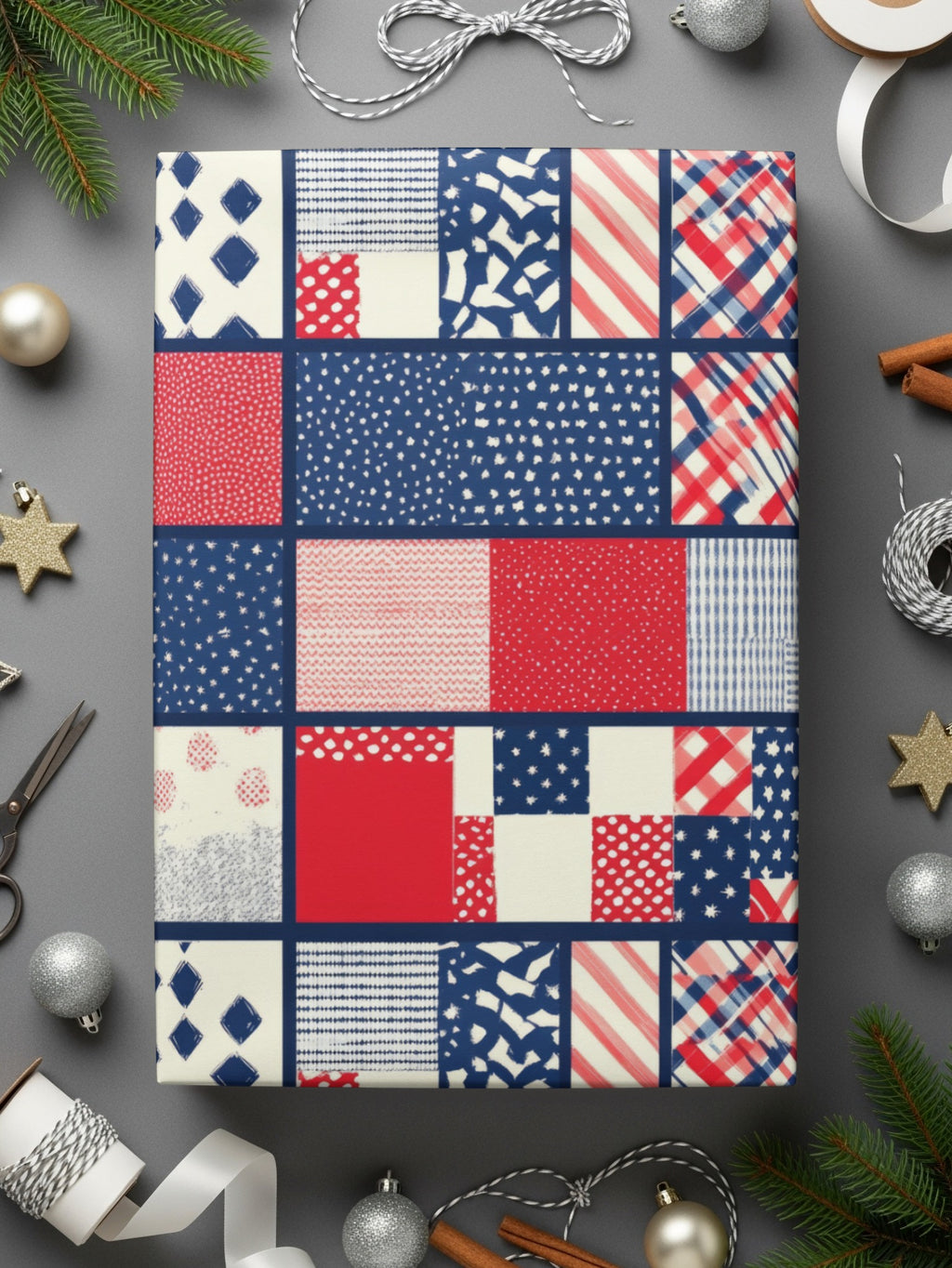 Festive Patchwork Design Wrapping Paper for Holiday Gifts