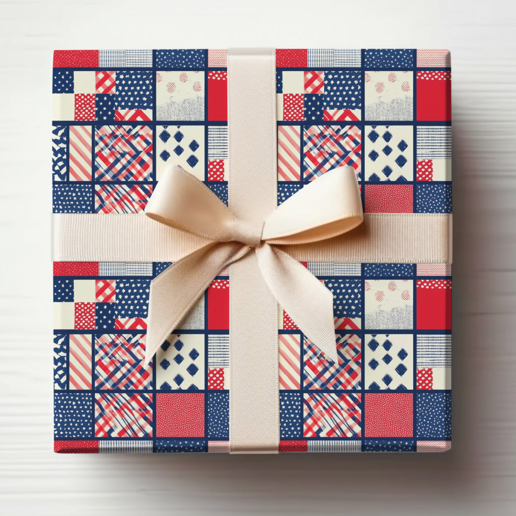 Red and Blue Patchwork Pattern Gift Wrap Product