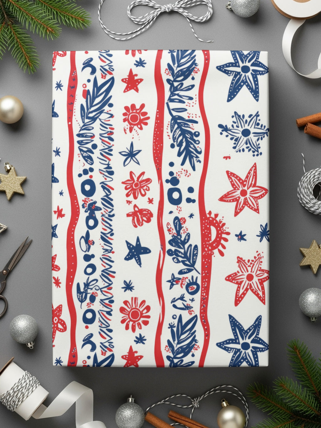 Festive Blue and Red Christmas Gift Wrapping Paper