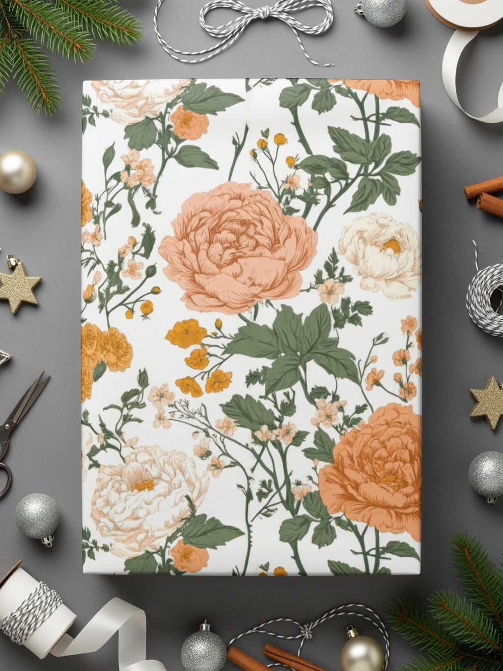 Peach Floral Digital Paper, Watercolor Flower Pattern, Orange and White Flowers, Spring Printable Paper, Scrapbooking Paper, Floral Design - Moore and Mountain
