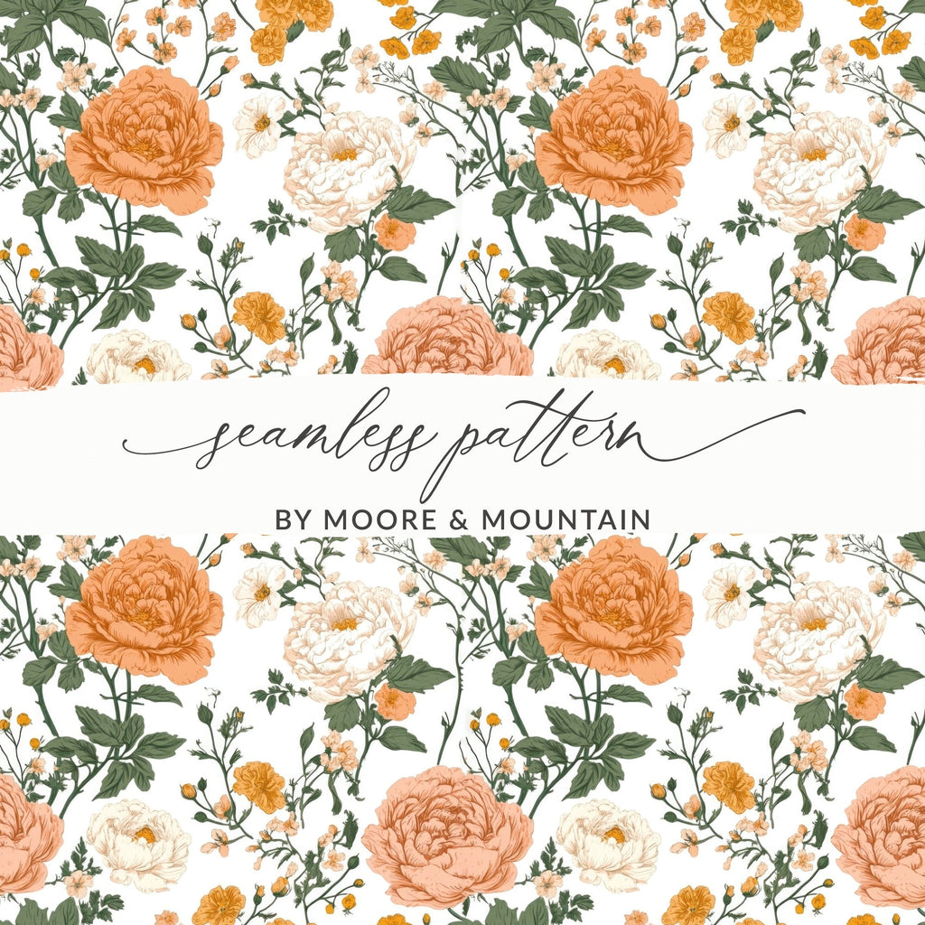 Peach Floral Digital Paper, Watercolor Flower Pattern, Orange and White Flowers, Spring Printable Paper, Scrapbooking Paper, Floral Design - Moore and Mountain