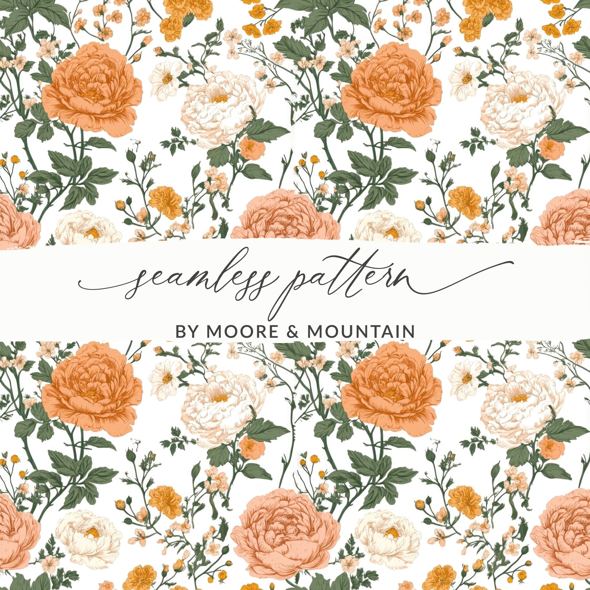 Peach Floral Digital Paper, Watercolor Flower Pattern, Orange and White Flowers, Spring Printable Paper, Scrapbooking Paper, Floral Design - Moore and Mountain