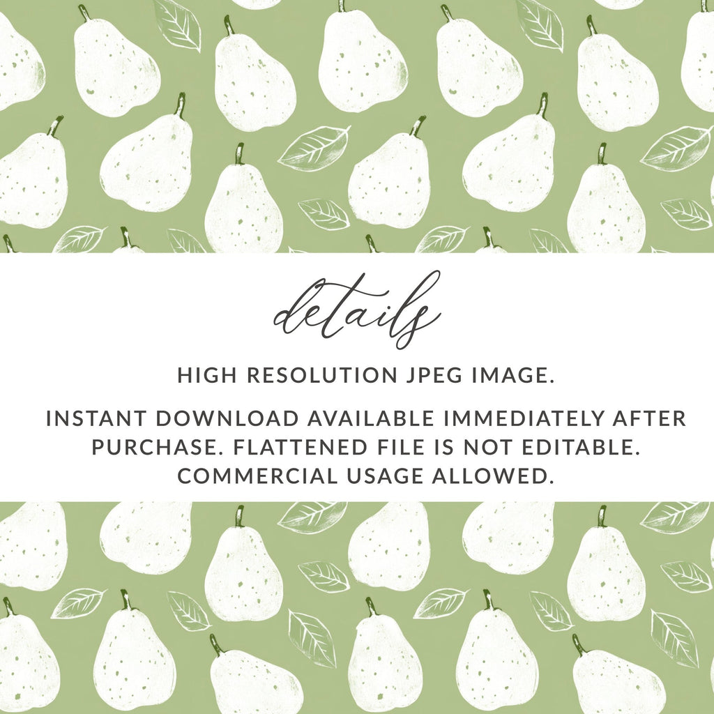 Pear Pattern Digital Paper, Green Seamless Pattern, Fruit Pattern, Farmhouse Kitchen Decor, Food Illustration, Commercial Use - Moore and Mountain