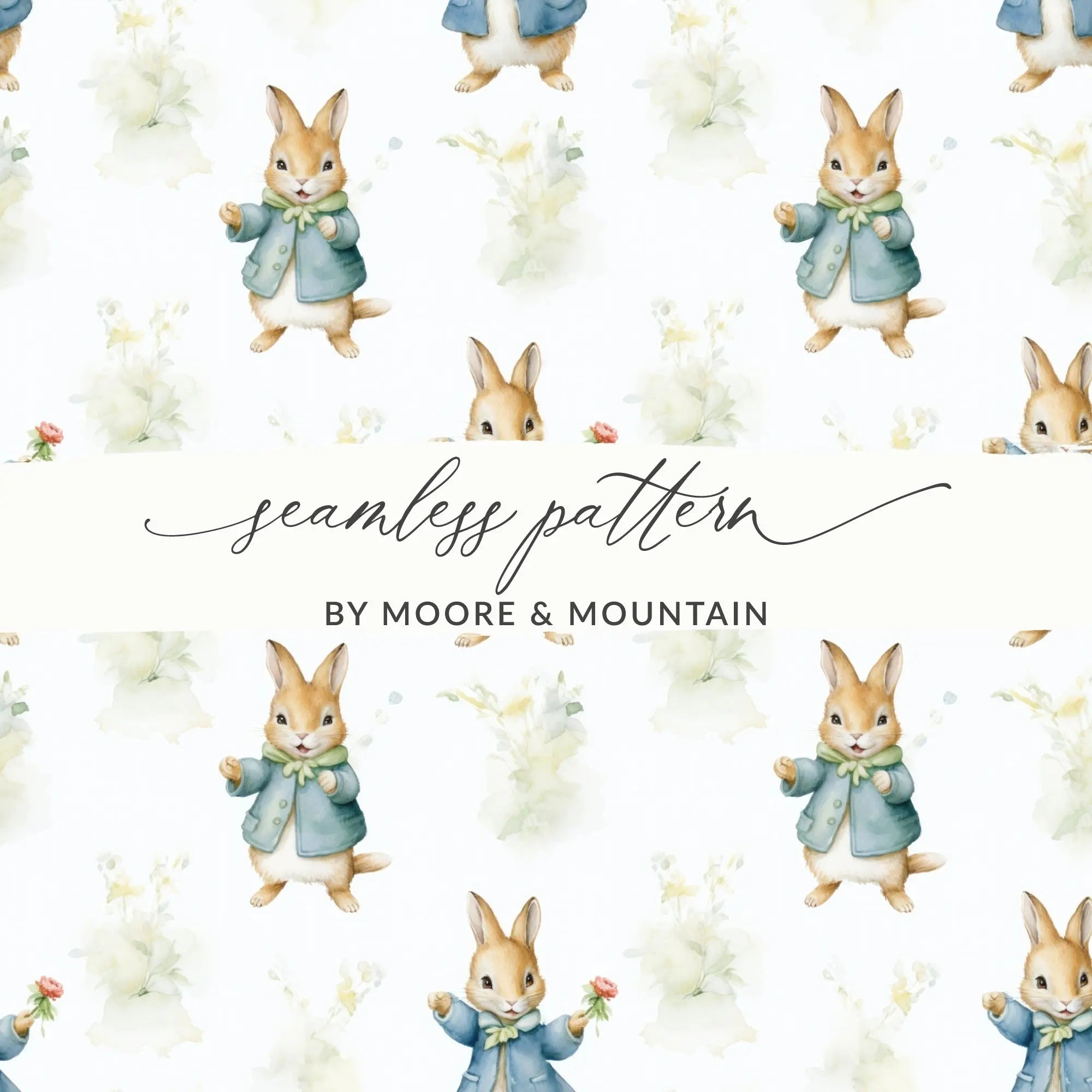 Peter Rabbit Digital, Floral Bunny Pattern, Watercolor Digital Paper, Seamless Fabric Pattern, Nursery Art Digital Download, Kids Room Decor - Moore and Mountain