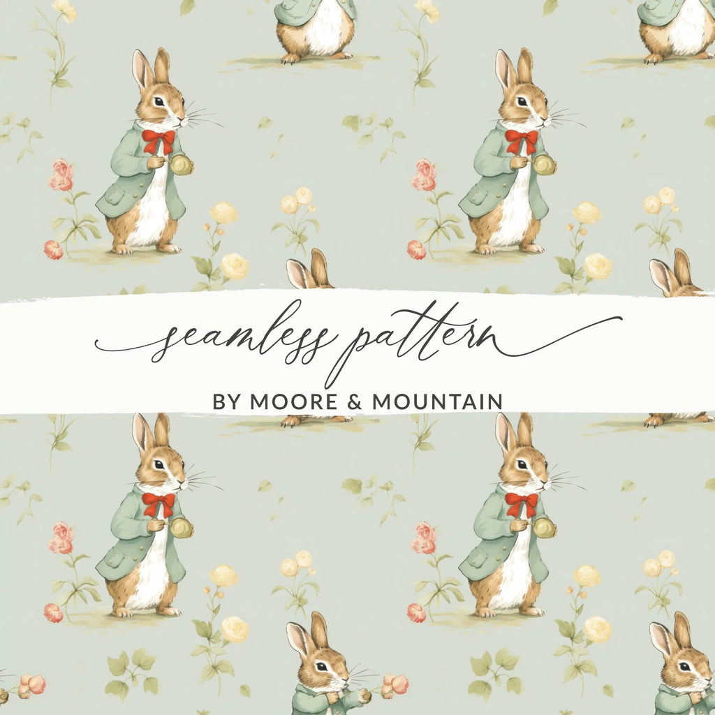 Peter Rabbit Digital Paper, Seamless Bunny Pattern, Floral Repeat Pattern, Spring Easter Fabric Design, Digital Scrapbooking Paper - Moore and Mountain