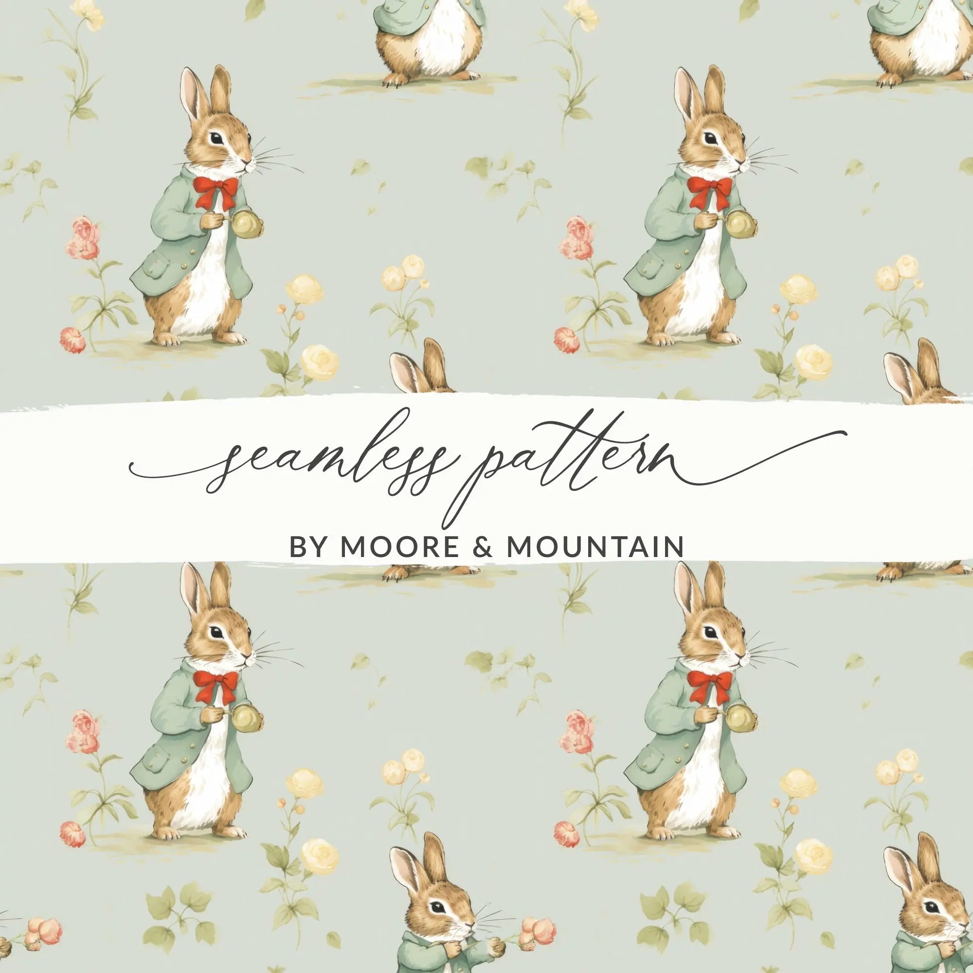 Peter Rabbit Digital Paper, Seamless Bunny Pattern, Floral Repeat Pattern, Spring Easter Fabric Design, Digital Scrapbooking Paper - Moore and Mountain