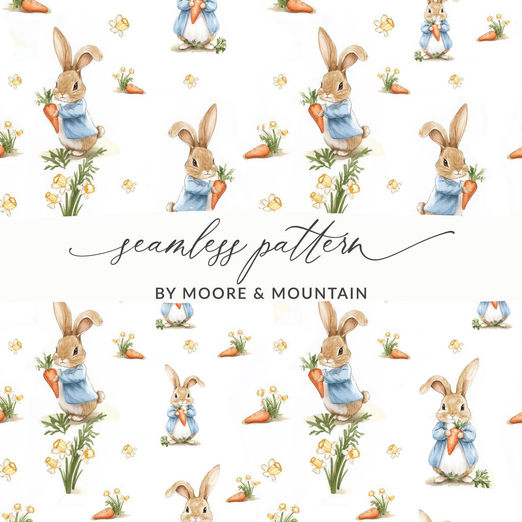 Peter Rabbit Digital Paper, Seamless Pattern, Easter Bunny Fabric, Floral Scrapbook Paper, Spring Animal Design, Digital Download - Moore and Mountain