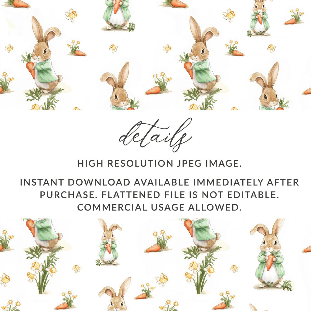 Peter Rabbit Digital Seamless Pattern, Bunny Carrot Flower Design, Kids Fabric Print, Digital Paper, Spring Easter Theme, 12x12 JPEG Digital - Moore and Mountain
