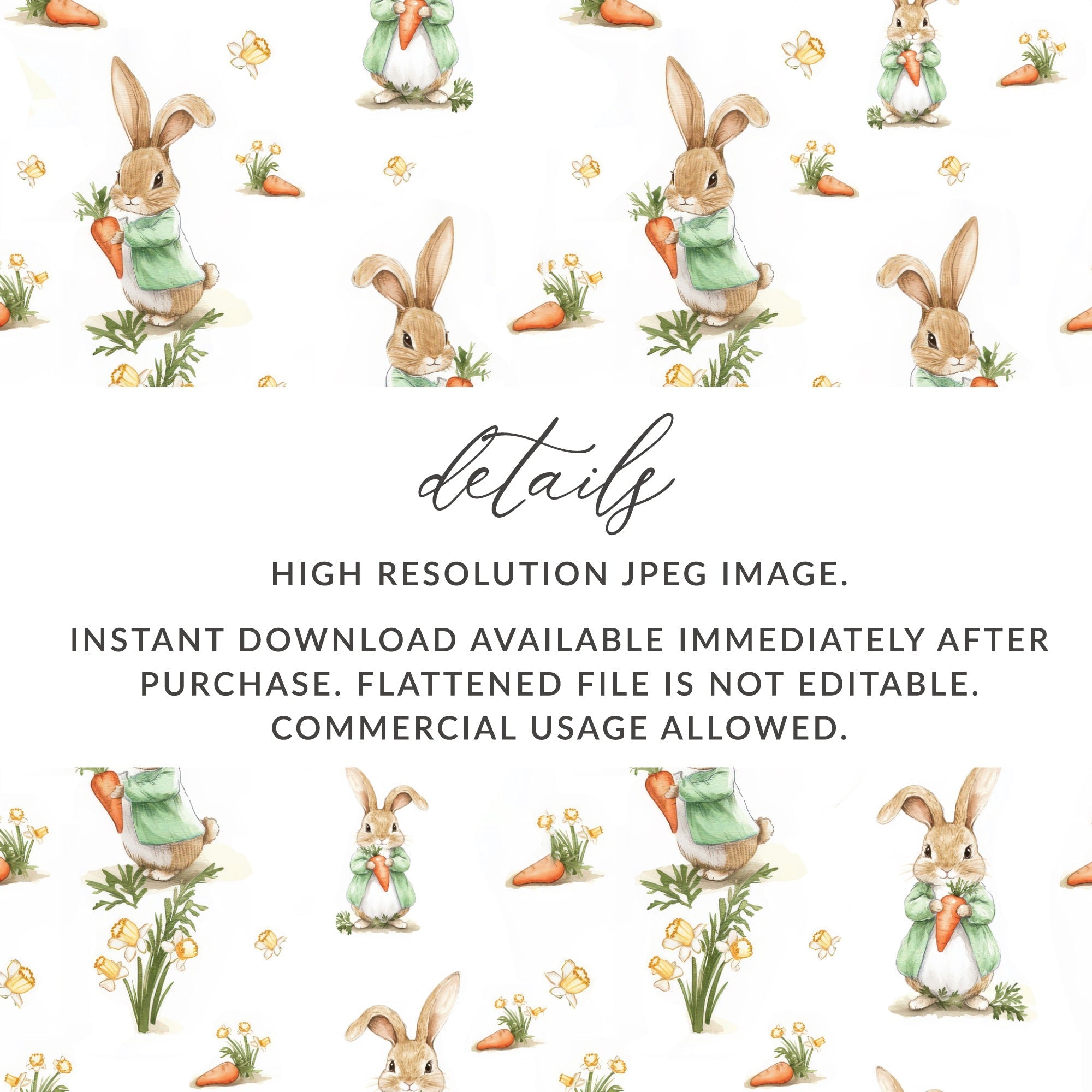 Peter Rabbit Digital Seamless Pattern, Bunny Carrot Flower Design, Kids Fabric Print, Digital Paper, Spring Easter Theme, 12x12 JPEG Digital - Moore and Mountain