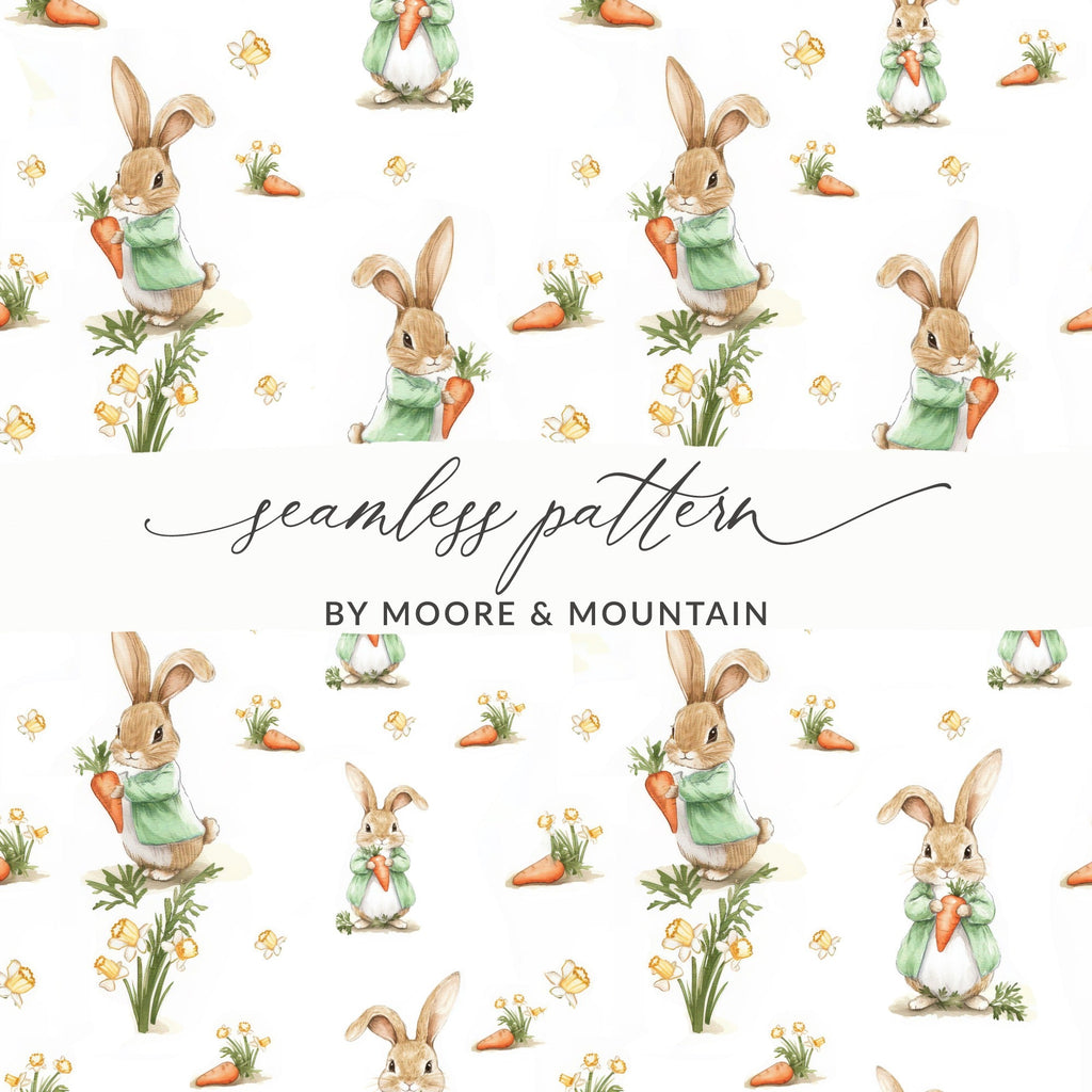Peter Rabbit Digital Seamless Pattern, Bunny Carrot Flower Design, Kids Fabric Print, Digital Paper, Spring Easter Theme, 12x12 JPEG Digital - Moore and Mountain