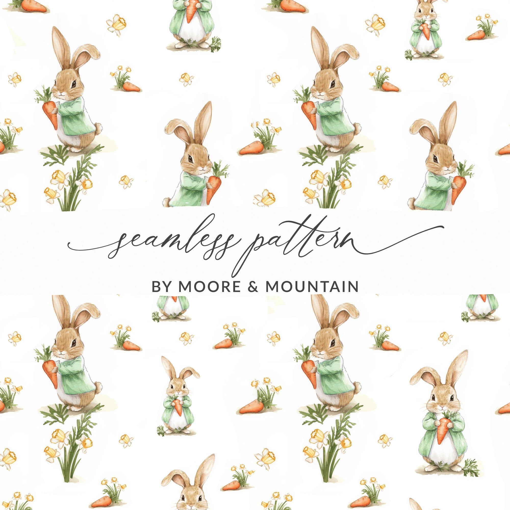 Peter Rabbit Digital Seamless Pattern, Bunny Carrot Flower Design, Kids Fabric Print, Digital Paper, Spring Easter Theme, 12x12 JPEG Digital - Moore and Mountain