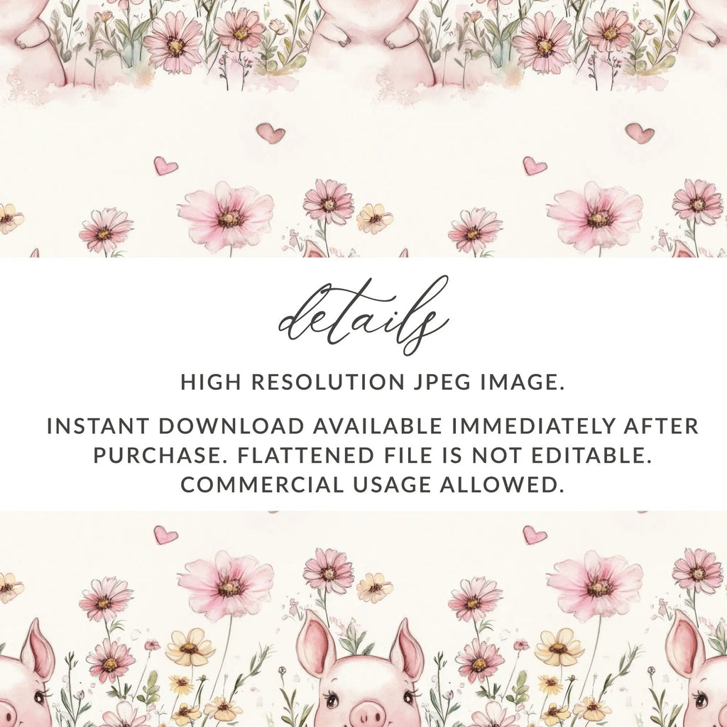 Pig Seamless Pattern, Watercolor Piglet Repeat Pattern, Floral Pig Digital Paper, Cute Animal Design, Pink Flower Pattern, Digital Download - Moore and Mountain