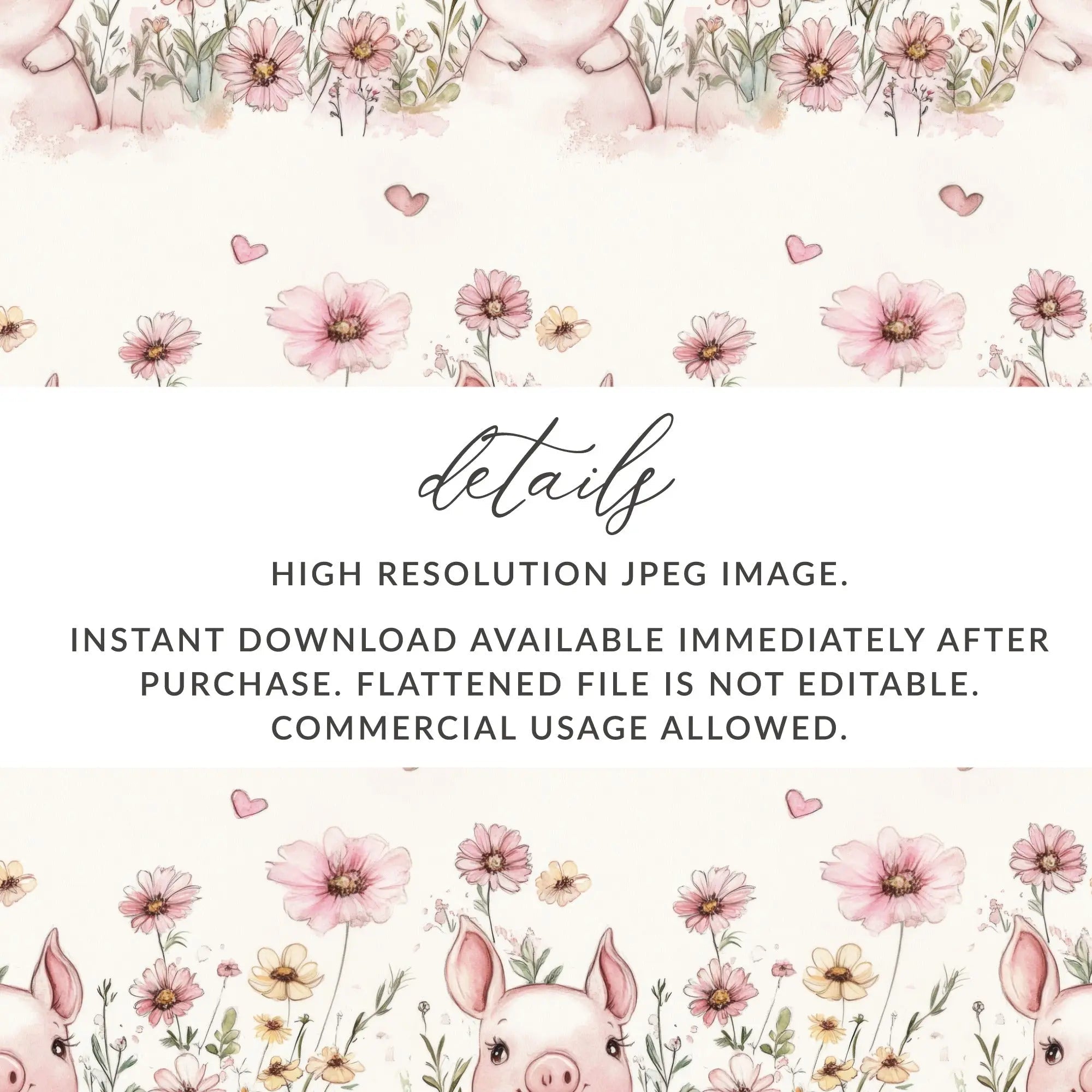 Pig Seamless Pattern, Watercolor Piglet Repeat Pattern, Floral Pig Digital Paper, Cute Animal Design, Pink Flower Pattern, Digital Download - Moore and Mountain