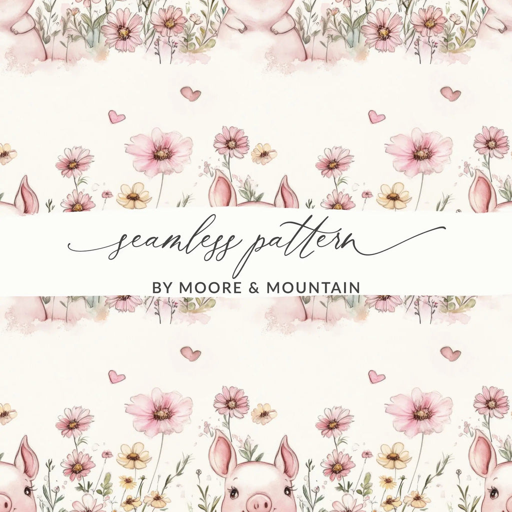 Pig Seamless Pattern, Watercolor Piglet Repeat Pattern, Floral Pig Digital Paper, Cute Animal Design, Pink Flower Pattern, Digital Download - Moore and Mountain