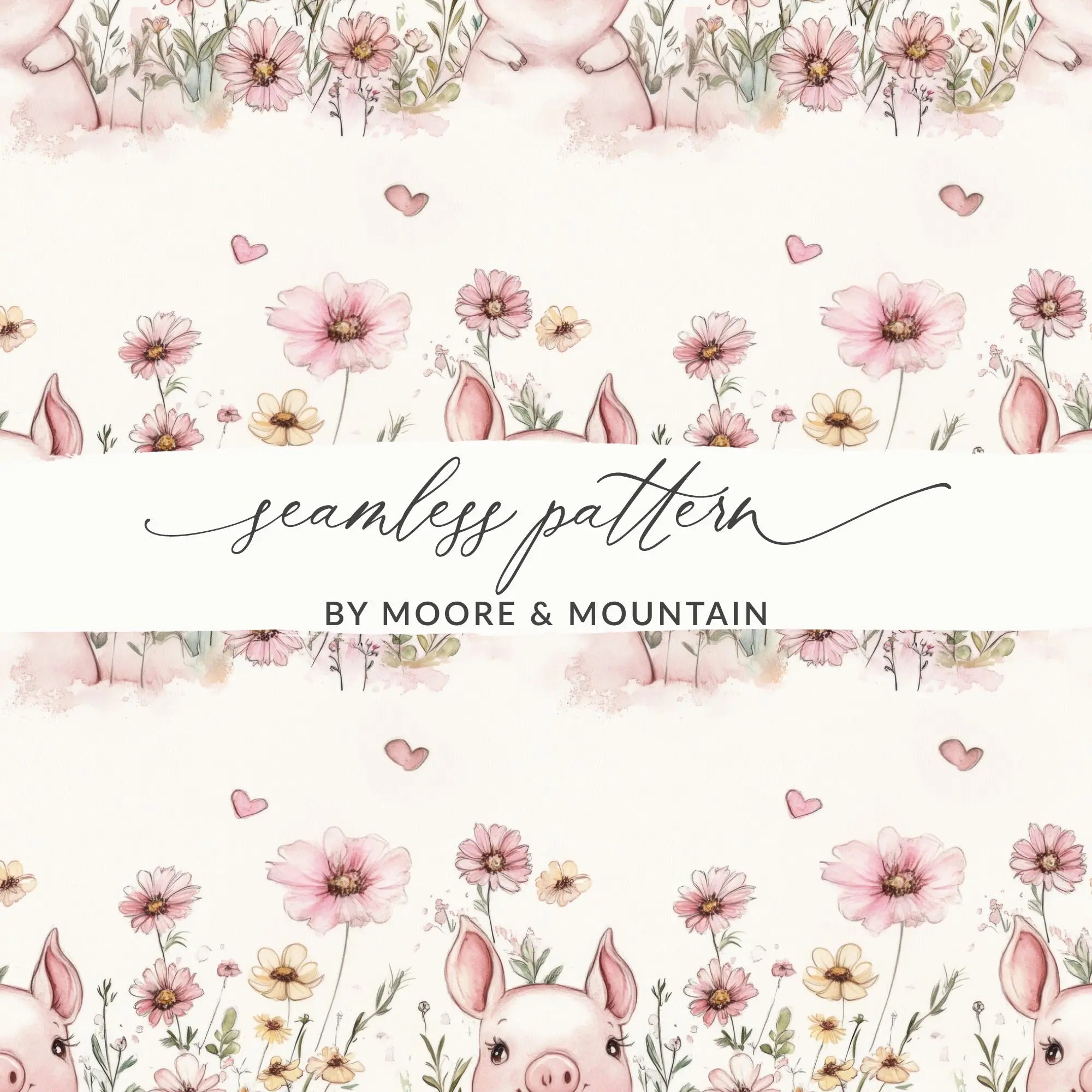 Pig Seamless Pattern, Watercolor Piglet Repeat Pattern, Floral Pig Digital Paper, Cute Animal Design, Pink Flower Pattern, Digital Download - Moore and Mountain