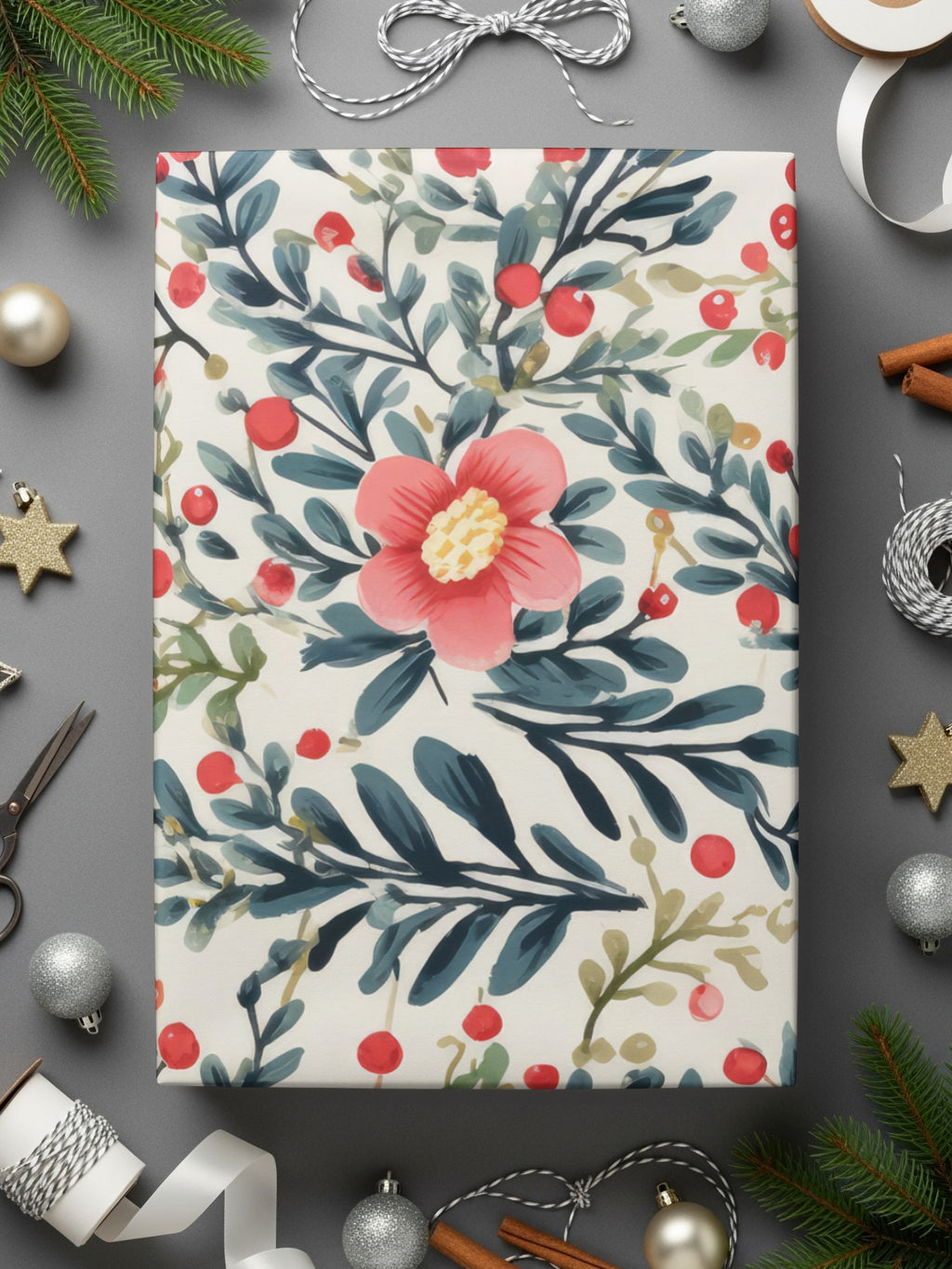 Floral and Berry Pattern Festive Wrapping Paper Sheet