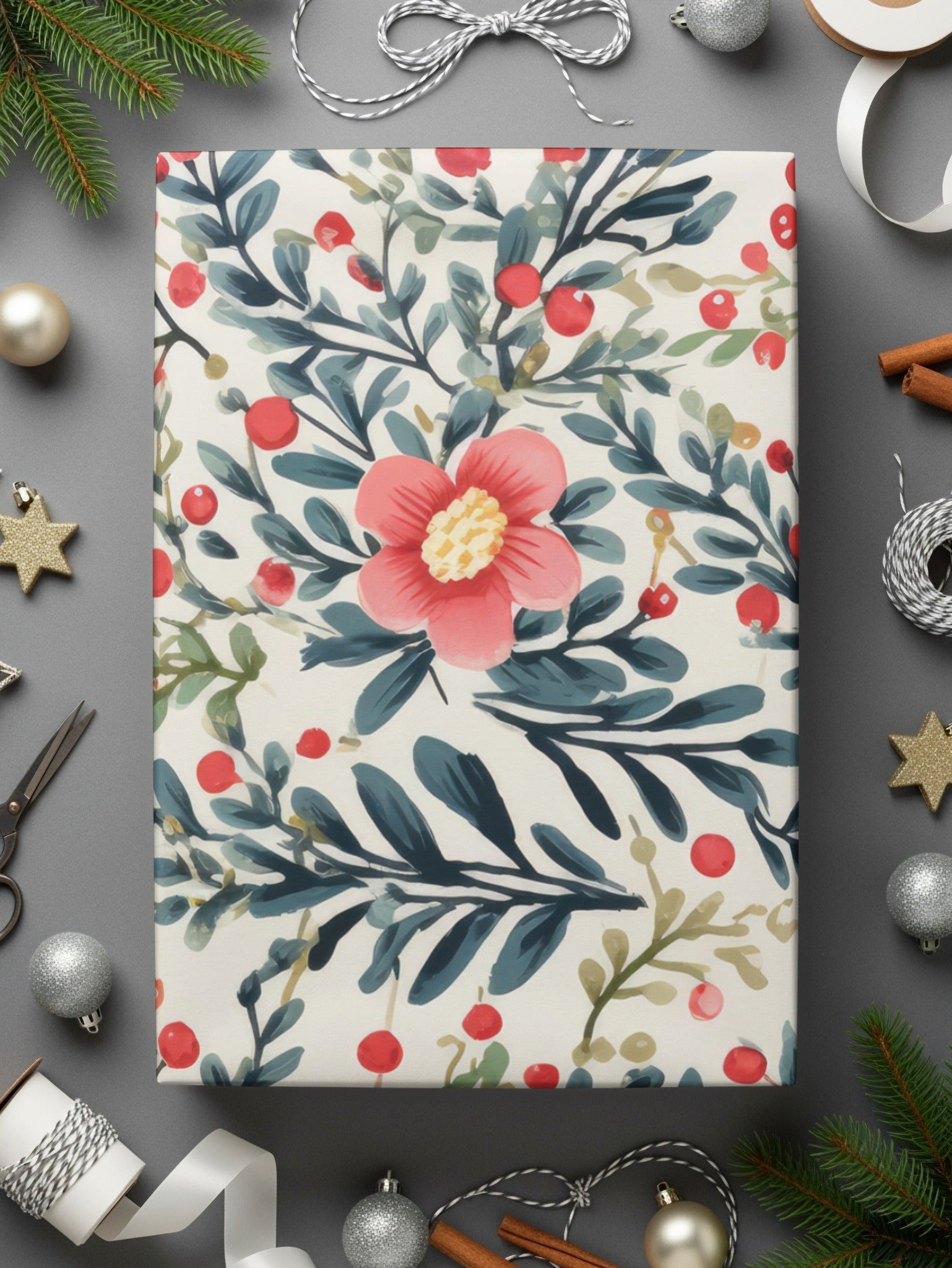 Floral and Berry Pattern Festive Wrapping Paper Sheet