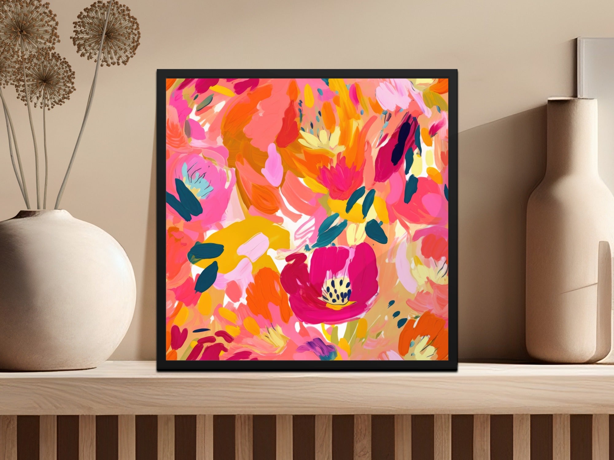 Vibrant Abstract Floral Painting Framed Art Home Decor