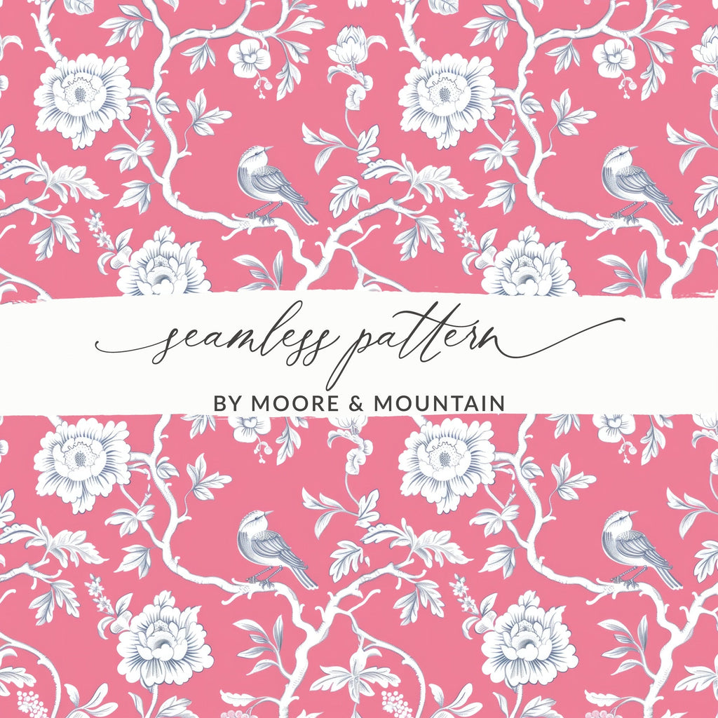 Pink Bird Toile Seamless Pattern Modern Chinoiserie Seamless - Moore and Mountain