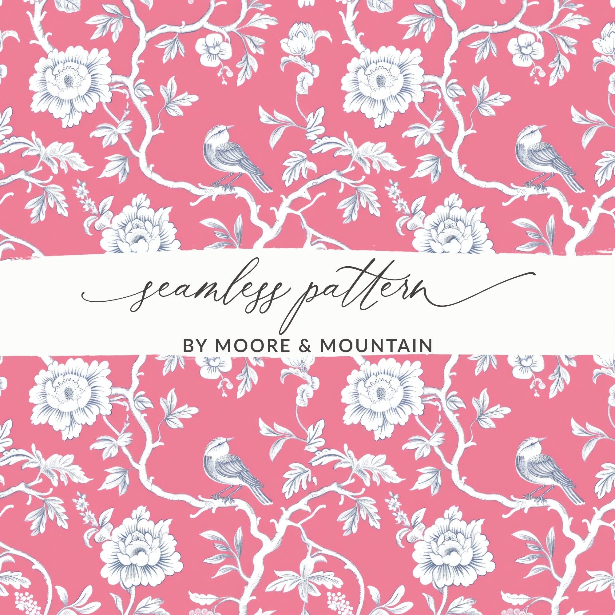 Pink Bird Toile Seamless Pattern Modern Chinoiserie Seamless - Moore and Mountain