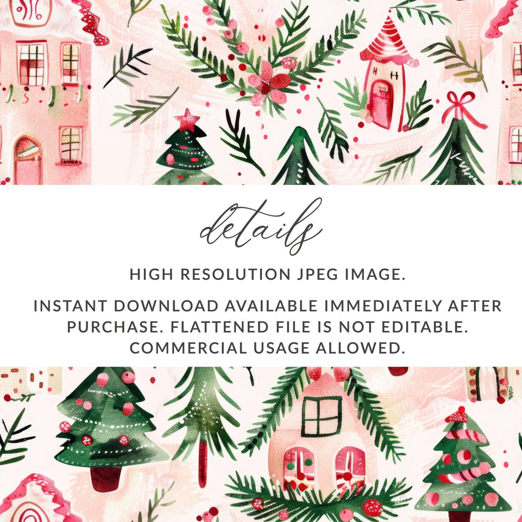 Pink Christmas Houses Digital Paper, Winter Holiday Pattern, Green Trees, Watercolor Seamless Design, Festive Scrapbook Paper, Digital - Moore and Mountain