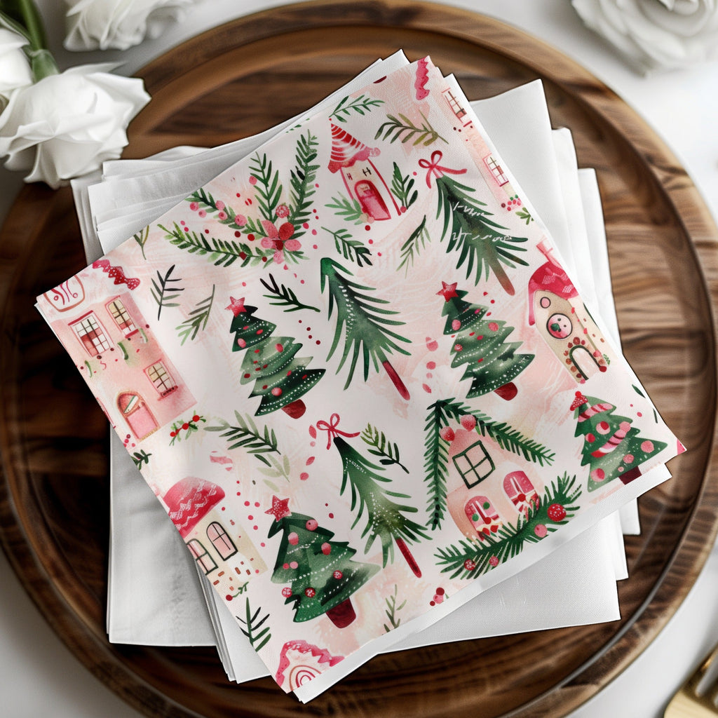 Pink Christmas Houses Digital Paper, Winter Holiday Pattern, Green Trees, Watercolor Seamless Design, Festive Scrapbook Paper, Digital - Moore and Mountain
