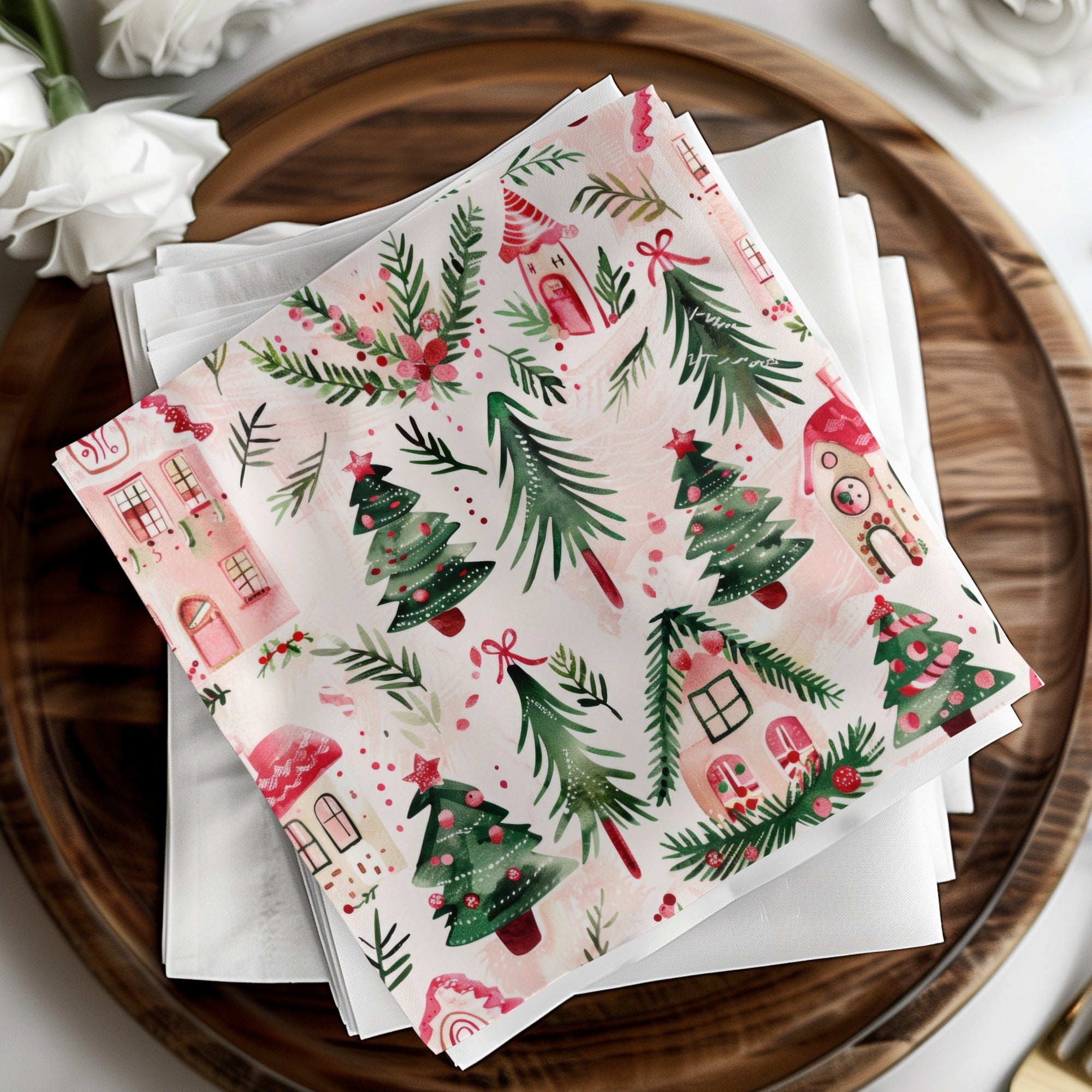 Pink Christmas Houses Digital Paper, Winter Holiday Pattern, Green Trees, Watercolor Seamless Design, Festive Scrapbook Paper, Digital - Moore and Mountain