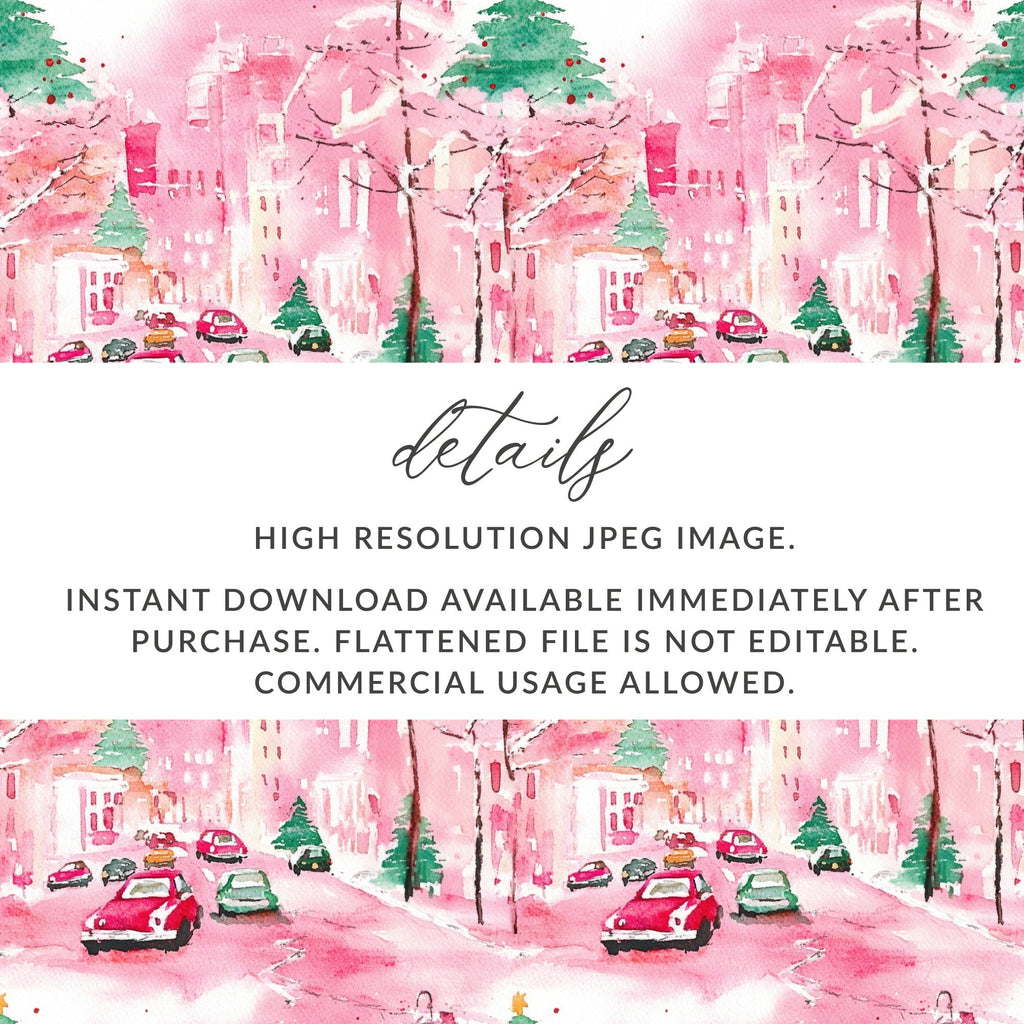 Pink Christmas Town Digital Paper, Watercolor Winter Cityscape Seamless Pattern, Holiday Cars, Festive Digital Download, Christmas Trees - Moore and Mountain