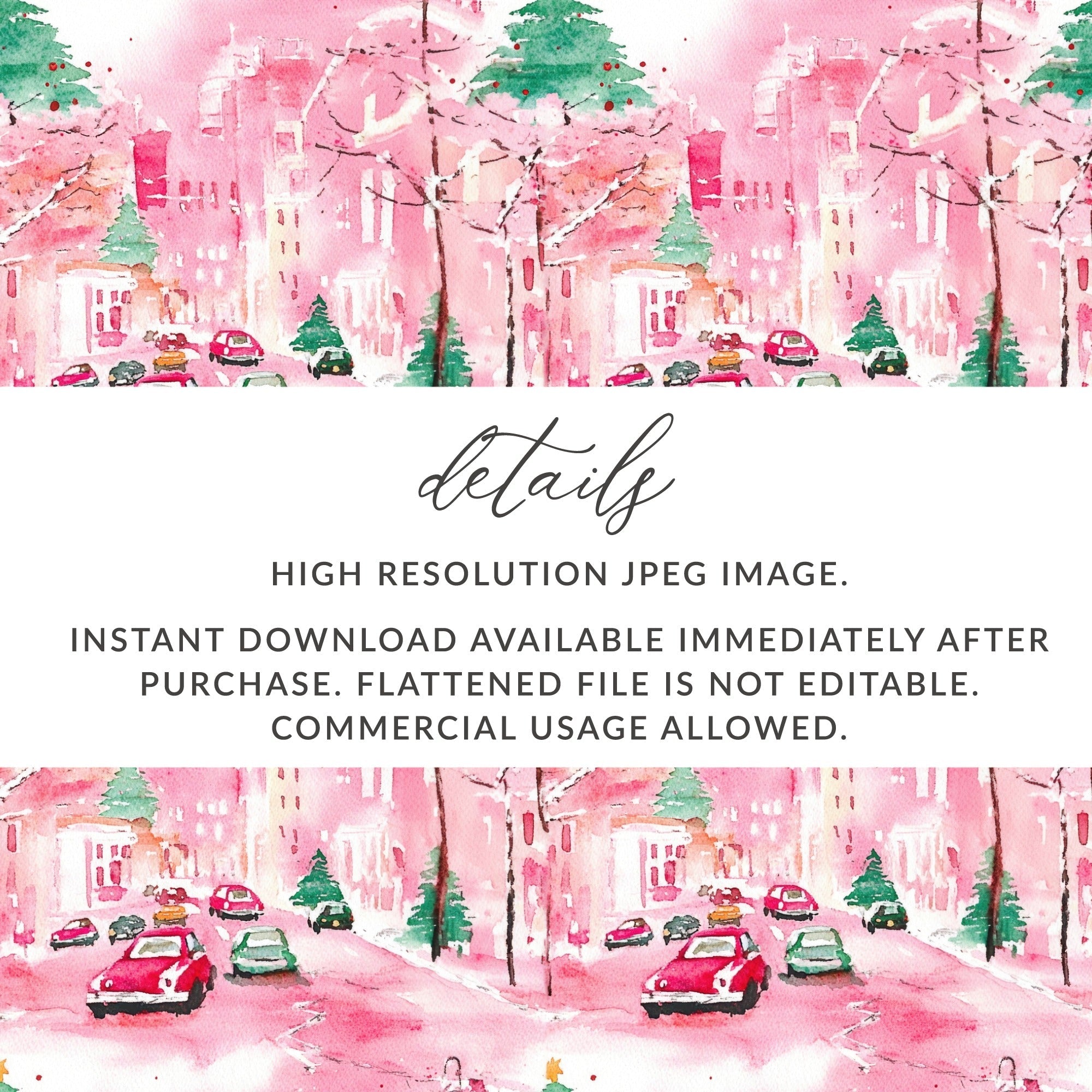 Pink Christmas Town Digital Paper, Watercolor Winter Cityscape Seamless Pattern, Holiday Cars, Festive Digital Download, Christmas Trees - Moore and Mountain