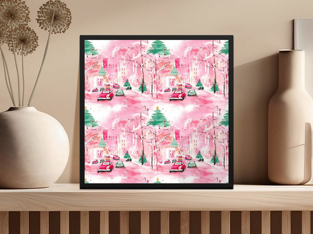 Pink Christmas Town Digital Paper, Watercolor Winter Cityscape Seamless Pattern, Holiday Cars, Festive Digital Download, Christmas Trees - Moore and Mountain