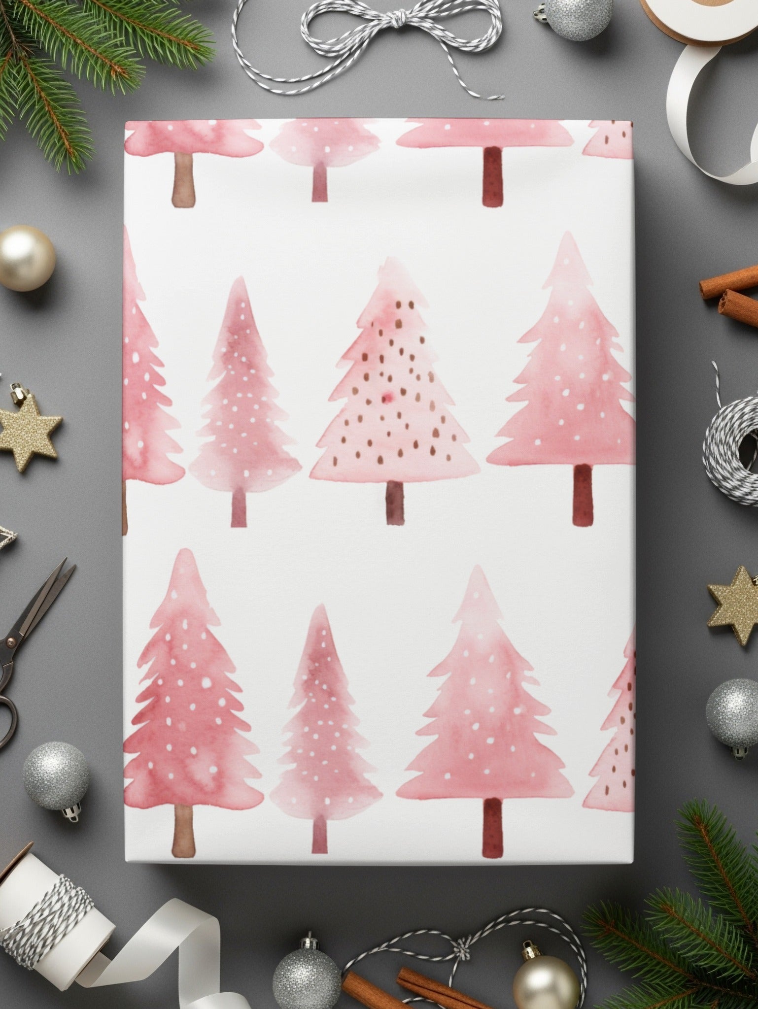 Pink Christmas Tree Pattern T-Shirt, Digital Download, Watercolor Xmas Tree Seamless Design, Holiday Fabric Print, Festive Textile Design - Moore and Mountain