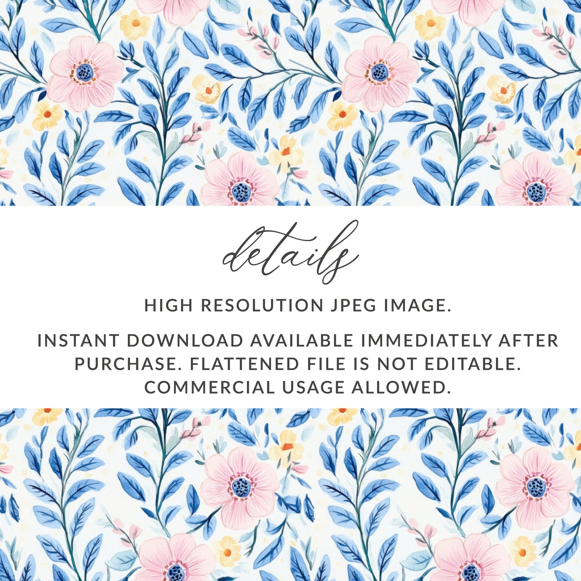 Pink Floral Pattern Digital Paper, Blue Leaves Watercolor, Seamless Flower Pattern, Pastel Spring Fabric Design, Scrapbooking Paper - Moore and Mountain