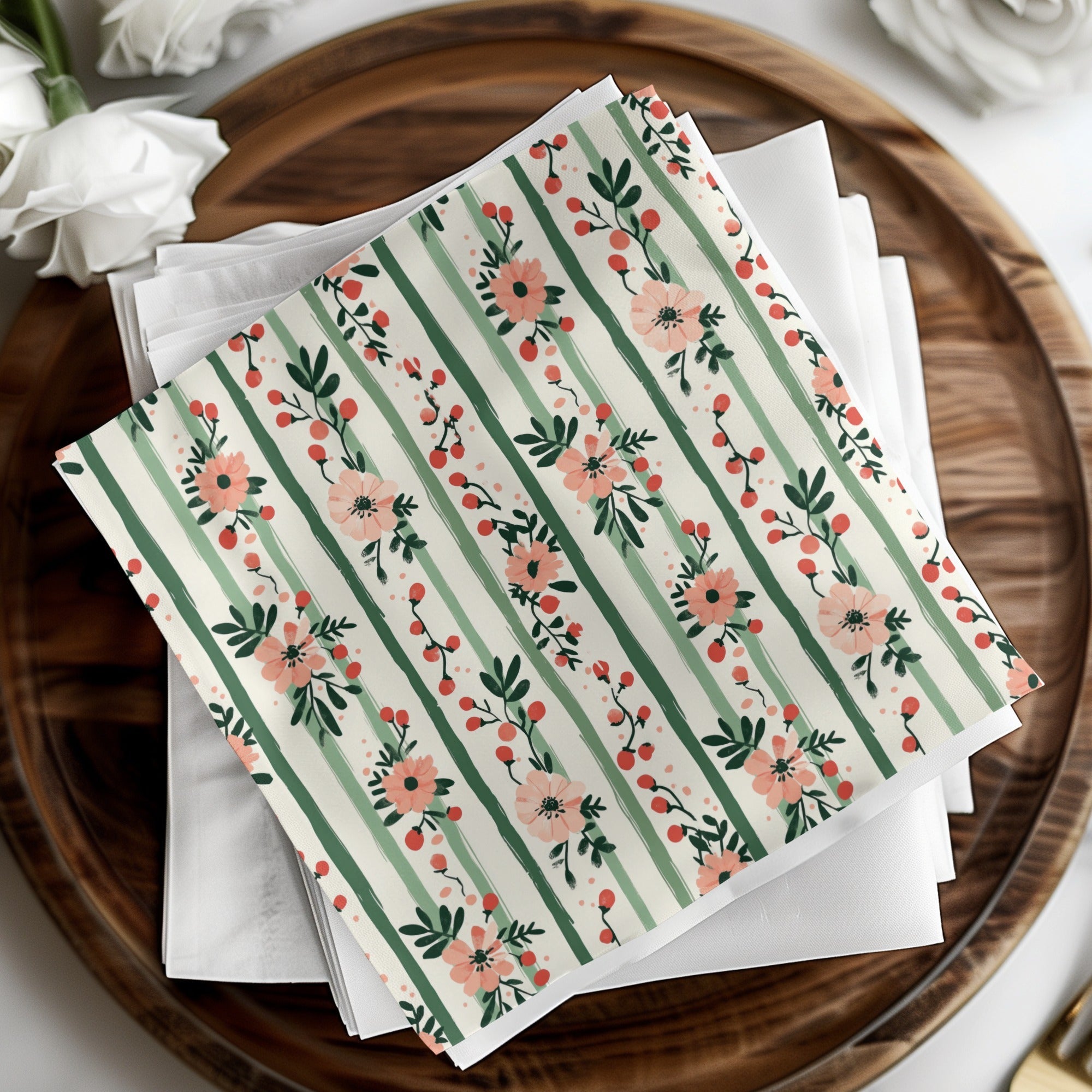 Pink Floral Stripes Digital Pattern, Spring Flower Design, Green Striped Background, Digital Paper Pack, Printable Scrapbook Paper - Moore and Mountain