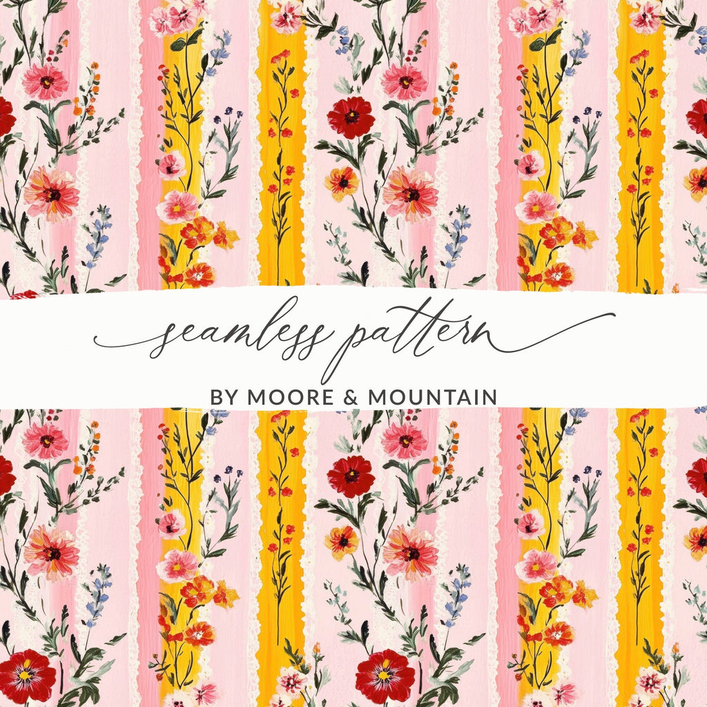 Pink Floral Stripes, Digital Seamless Pattern, Flower Illustration, Pastel Colors, JPEG Files, Digital Paper, Surface Design - Moore and Mountain