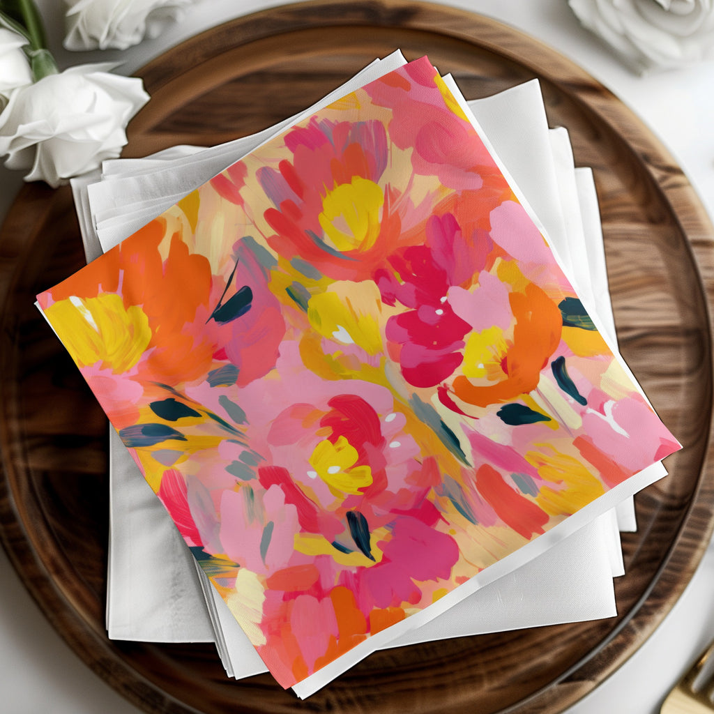 Vibrant Floral Pattern on Pink Background Napkin Product