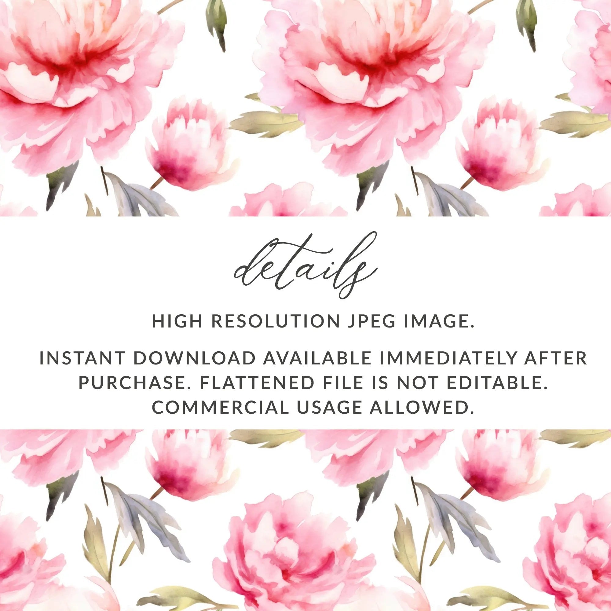 Pink Peony Digital Paper, Watercolor Floral Pattern, Seamless Flower Digital Design, Scrapbooking Paper, Fabric Design, Commercial Use - Moore and Mountain