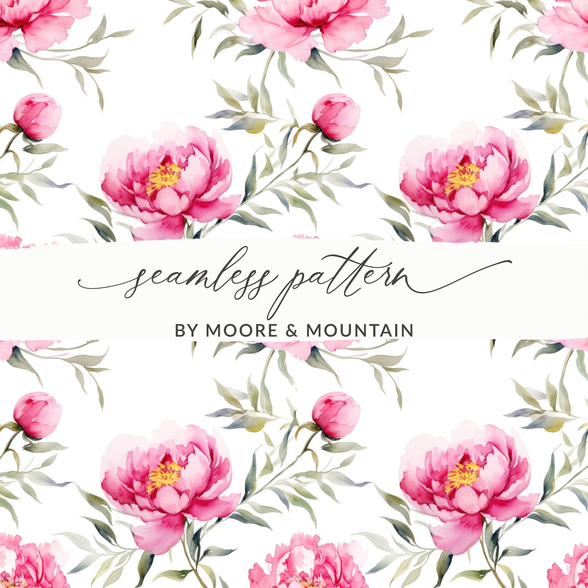 Pink Peony Seamless Digital Pattern, Floral Repeat Pattern, Watercolor Peony, Flower Pattern for Fabric, Commercial Use - Moore and Mountain
