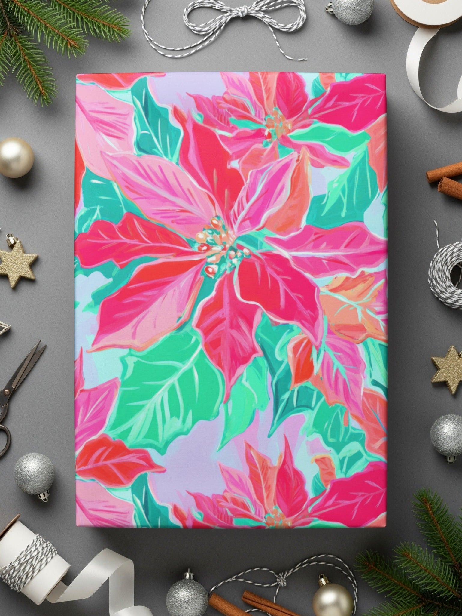 Pink Poinsettia Digital Paper, Christmas Floral Pattern, Winter Holiday Print, Seamless Texture, Festive Scrapbook, Watercolor Style - Moore and Mountain