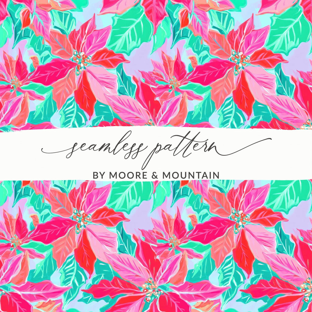 Pink Poinsettia Digital Paper, Christmas Floral Pattern, Winter Holiday Print, Seamless Texture, Festive Scrapbook, Watercolor Style - Moore and Mountain