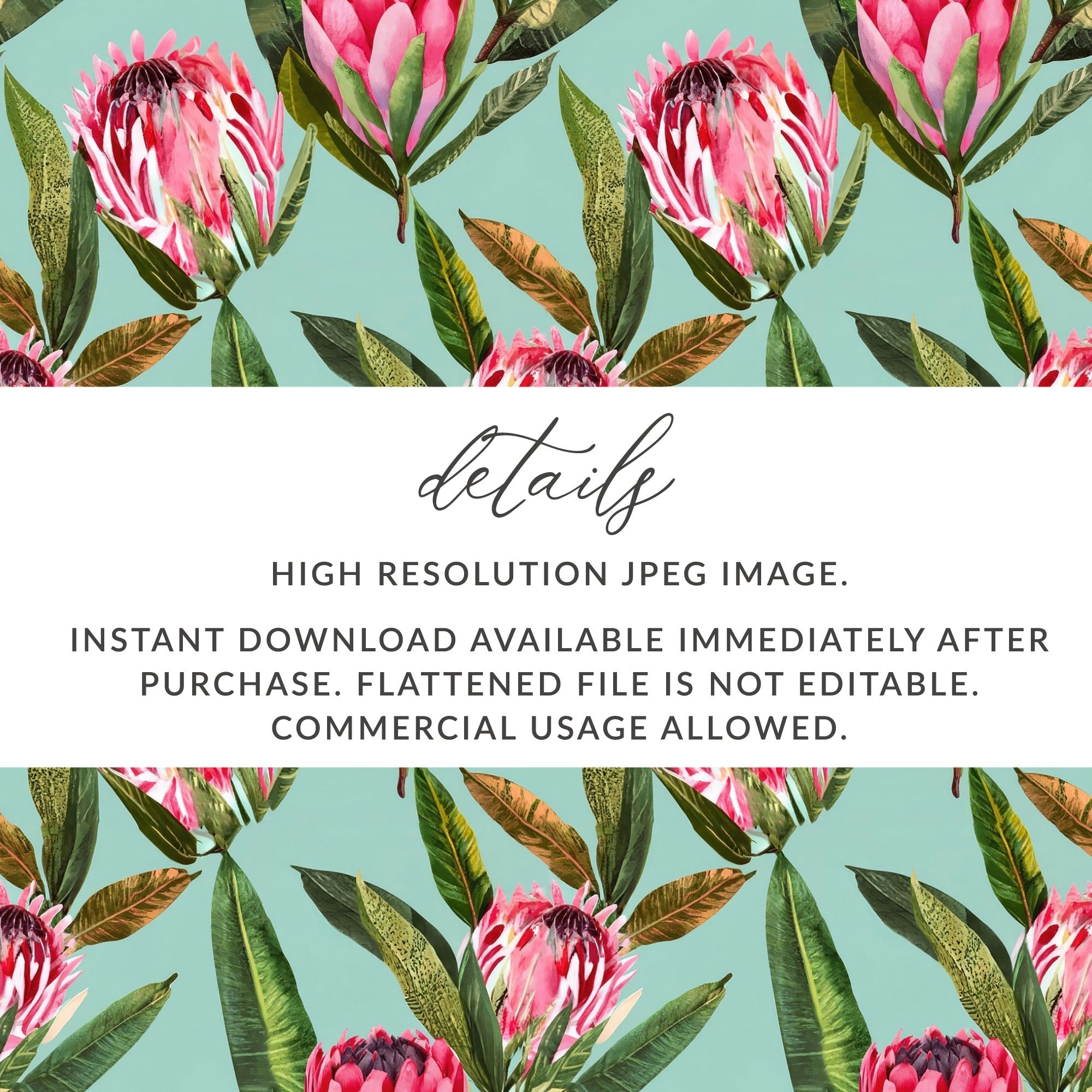 Pink Protea Flower Digital Paper, Seamless Floral Pattern, Tropical Leaves Background, Scrapbook Paper, Printable Fabric Design - Moore and Mountain