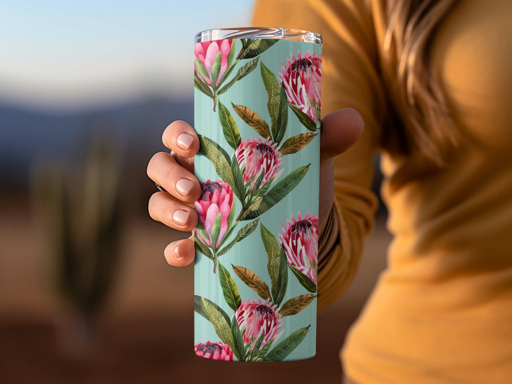 Pink Protea Flower Digital Paper, Seamless Floral Pattern, Tropical Leaves Background, Scrapbook Paper, Printable Fabric Design - Moore and Mountain