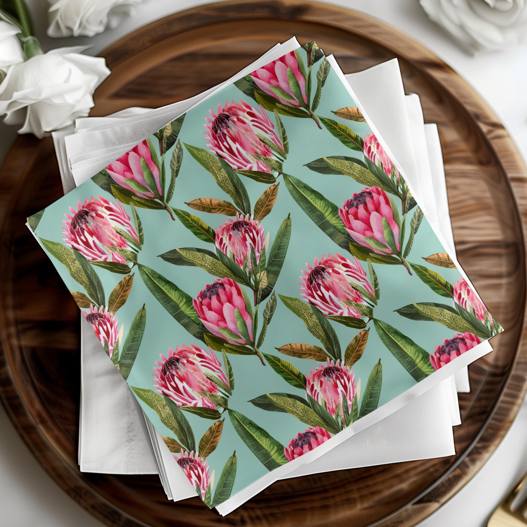 Pink Protea Flower Digital Paper, Seamless Floral Pattern, Tropical Leaves Background, Scrapbook Paper, Printable Fabric Design - Moore and Mountain