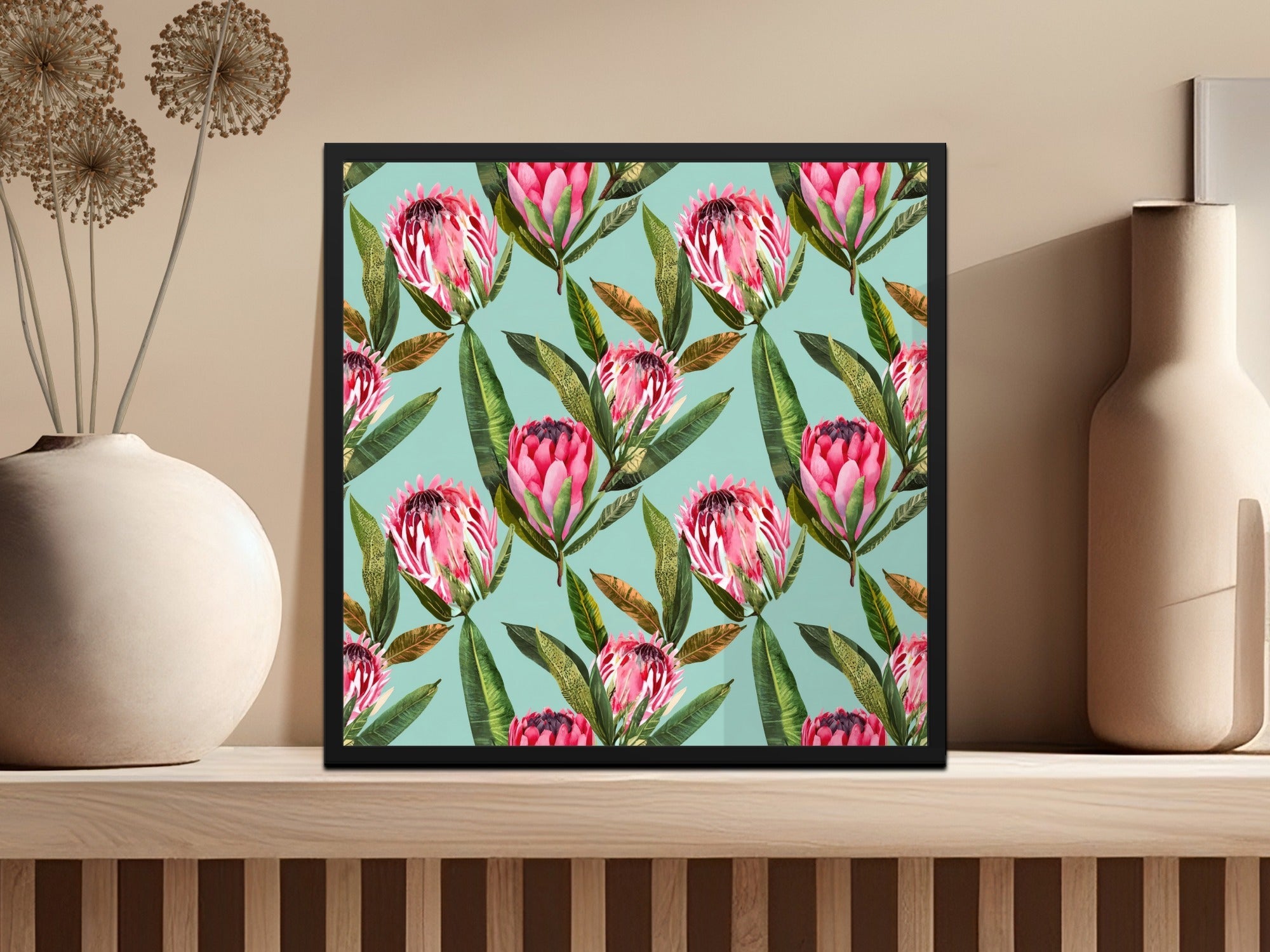 Pink Protea Flower Digital Paper, Seamless Floral Pattern, Tropical Leaves Background, Scrapbook Paper, Printable Fabric Design - Moore and Mountain