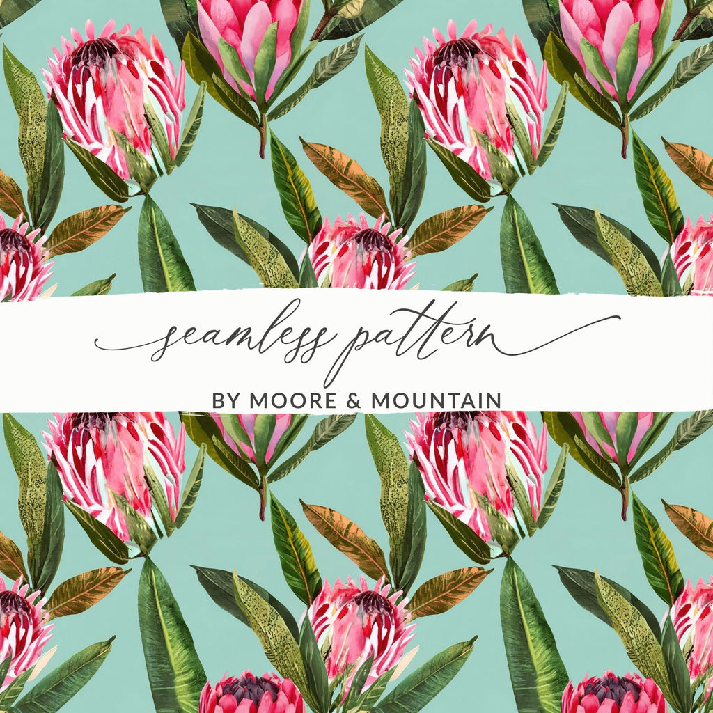 Pink Protea Flower Digital Paper, Seamless Floral Pattern, Tropical Leaves Background, Scrapbook Paper, Printable Fabric Design - Moore and Mountain