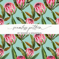 Pink Protea Flower Digital Paper, Seamless Floral Pattern, Tropical Leaves Background, Scrapbook Paper, Printable Fabric Design - Moore and Mountain